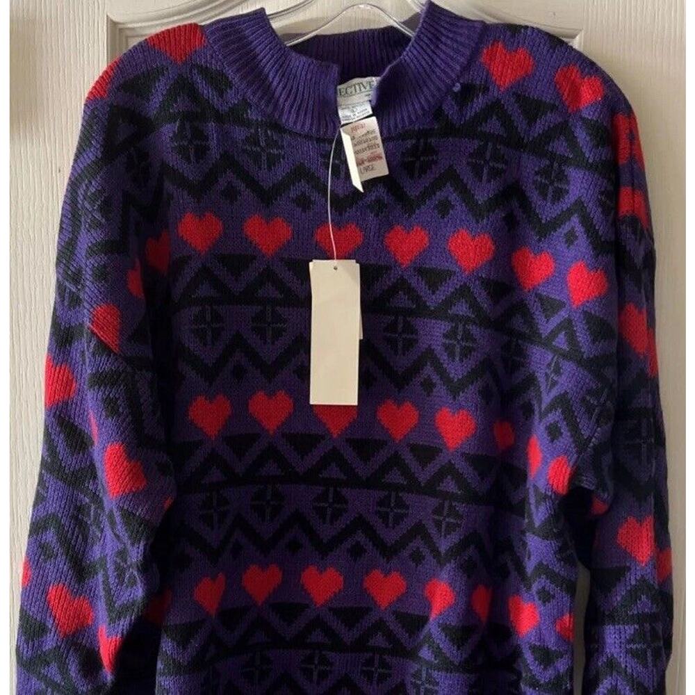 NWT Vintage Objectives Tunic Sweater Purple W Black & Red Hearts NOS Size Large